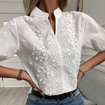 Women's Blouse - Embroidered Cotton - Mandarin Collar - Mid-Length Sleeves - Breathable Fit