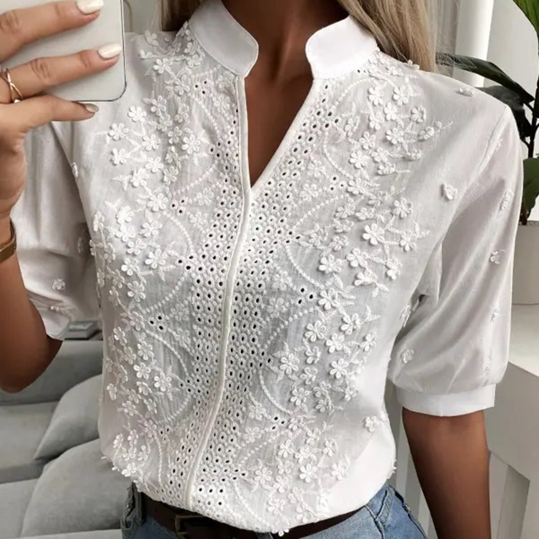 Women's Blouse - Embroidered Cotton - Mandarin Collar - Mid-Length Sleeves - Breathable Fit