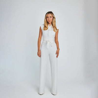 Women's Jumpsuit - Sleeveless High Neck - Fitted Bodice - Wide-Leg with Waist Tie
