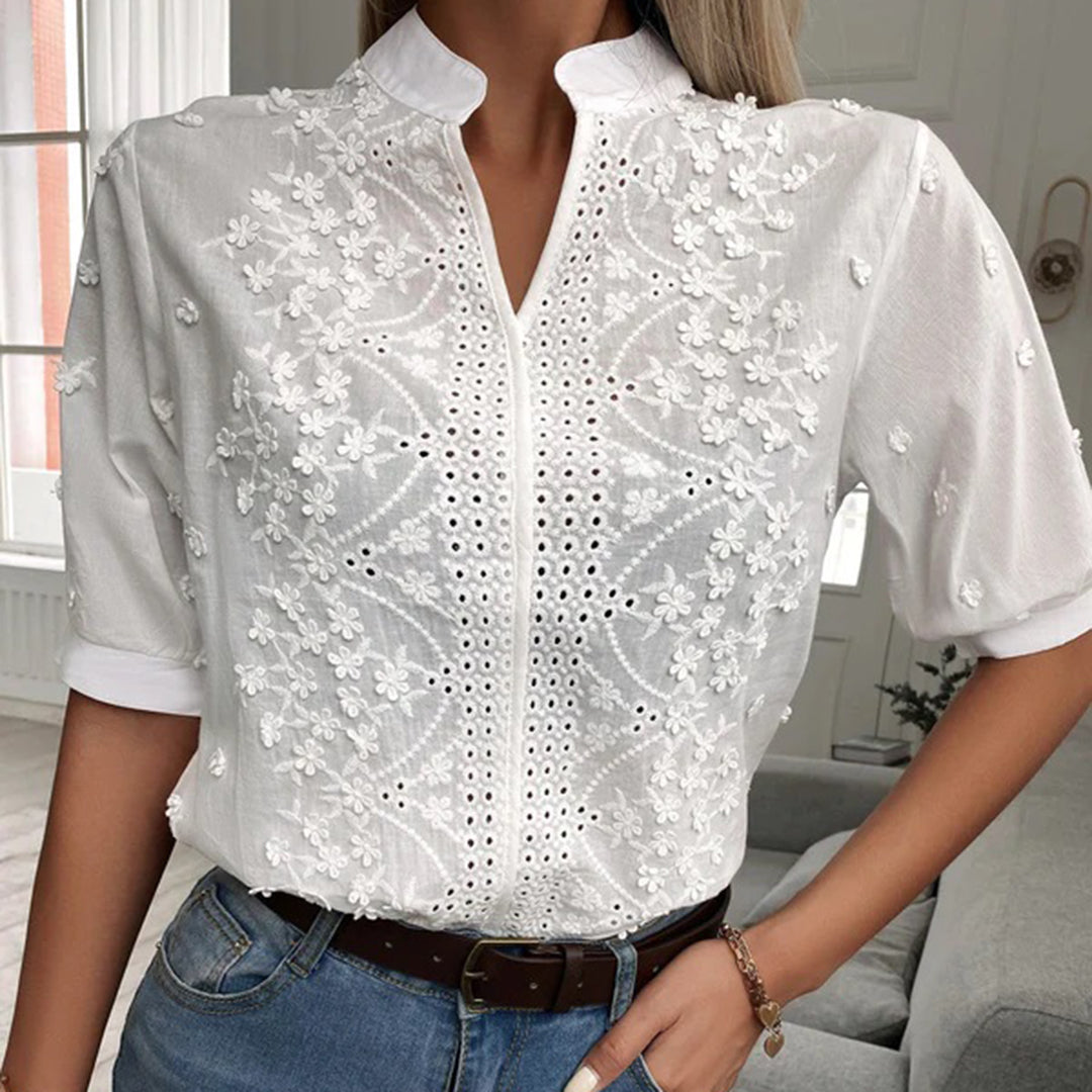 Women's Blouse - Embroidered Cotton - Mandarin Collar - Mid-Length Sleeves - Breathable Fit