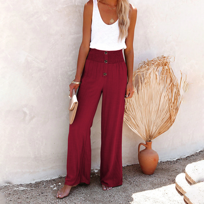 Women's High-Waisted Wide-Leg Trousers - Elastic Waist - Button Detail - Relaxed Fit