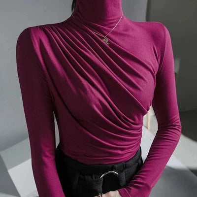 Women's Turtleneck Top - Fitted Stretch Fabric - Long Sleeve Ruched Detail