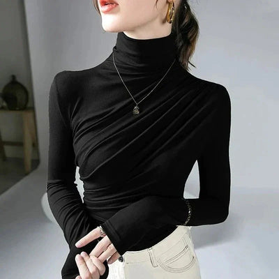 Women's Turtleneck Top - Fitted Stretch Fabric - Long Sleeve Ruched Detail