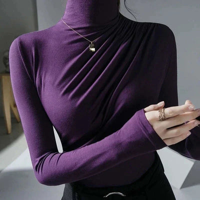 Women's Turtleneck Top - Fitted Stretch Fabric - Long Sleeve Ruched Detail