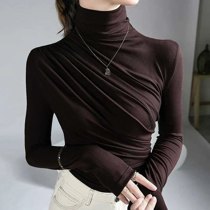 Women's Turtleneck Top - Fitted Stretch Fabric - Long Sleeve Ruched Detail
