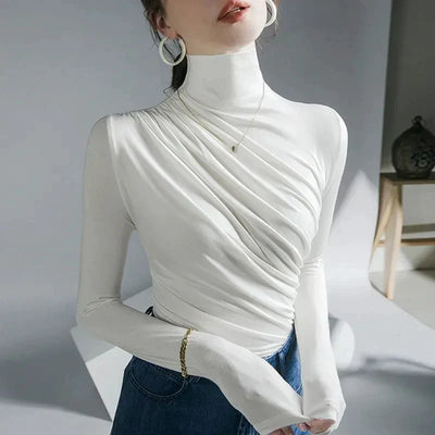 Women's Turtleneck Top - Fitted Stretch Fabric - Long Sleeve Ruched Detail