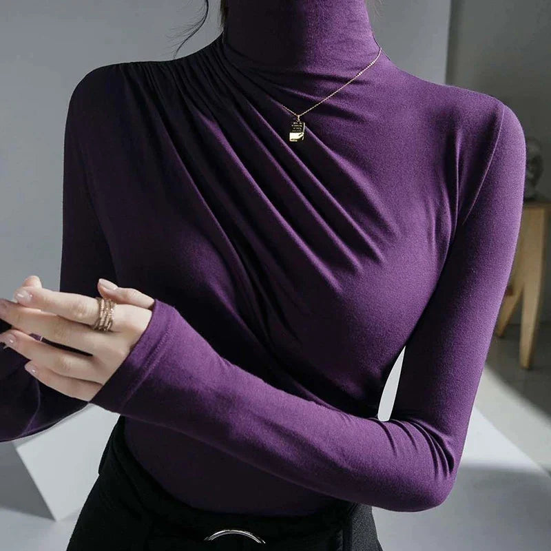 Women's Turtleneck Top - Fitted Stretch Fabric - Long Sleeve Ruched Detail