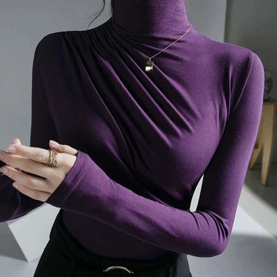 Women's Turtleneck Top - Fitted Stretch Fabric - Long Sleeve Ruched Detail