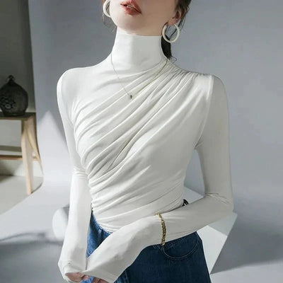 Women's Turtleneck Top - Fitted Stretch Fabric - Long Sleeve Ruched Detail