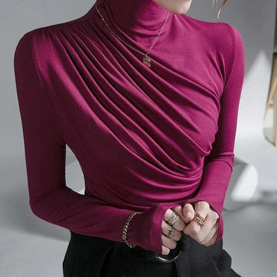 Women's Turtleneck Top - Fitted Stretch Fabric - Long Sleeve Ruched Detail