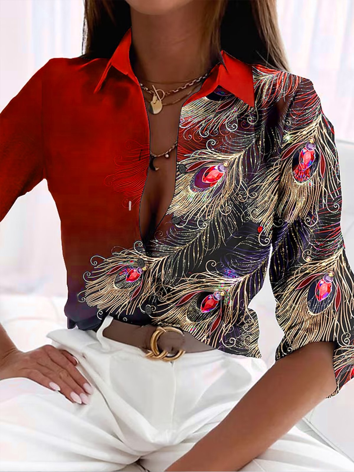 Women’s Blouse – Luxury Fabric – Fitted Silhouette – Feather Print – Button Down