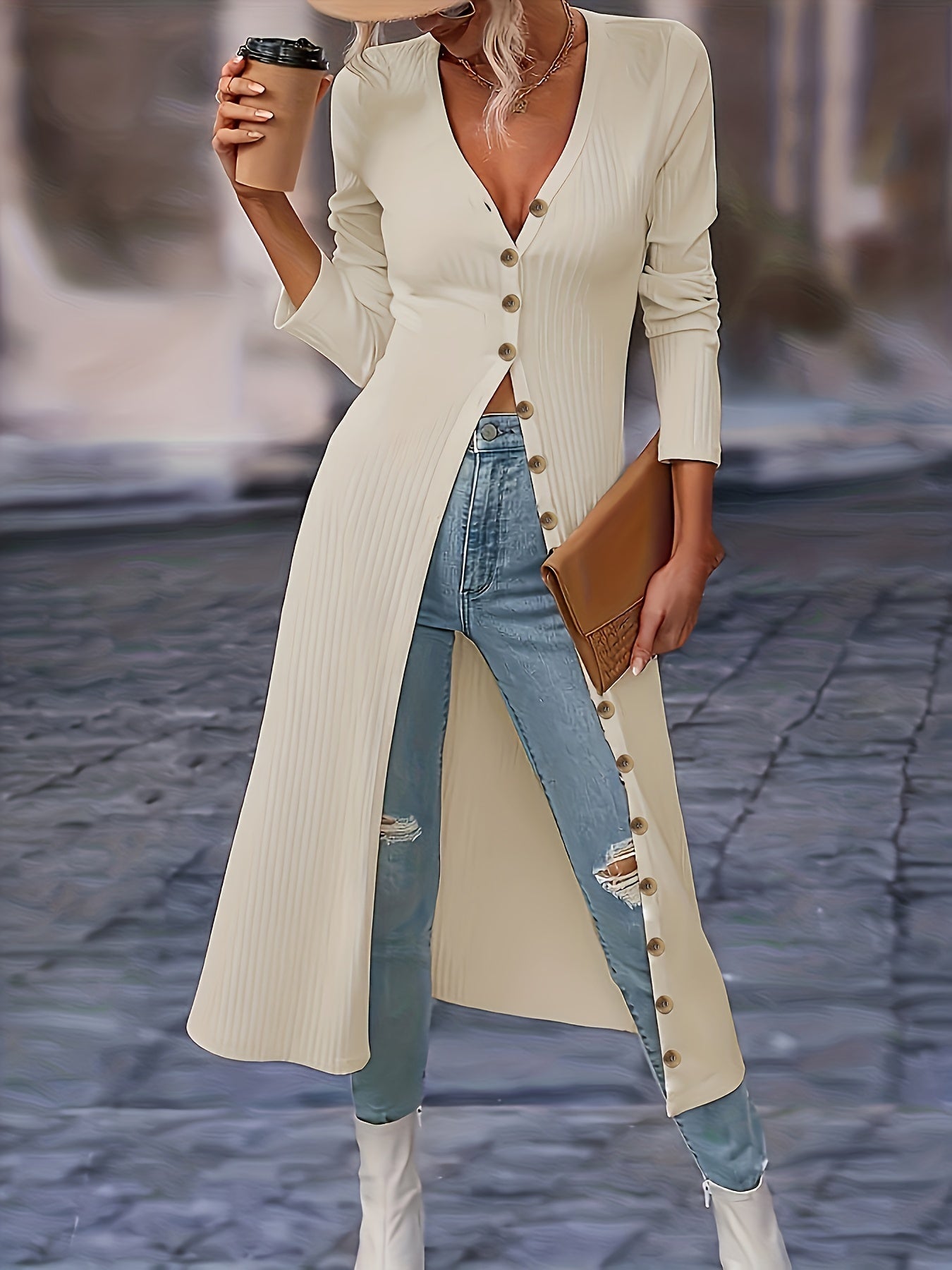 Women's Long Cardigan - Button Front V-Neck - Fitted Knit - Knee Length Layering Piece