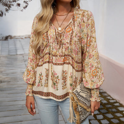 Women's Bohemian Blouse - Long Sleeve - V-Neck with Tie - Flowy Relaxed Fit