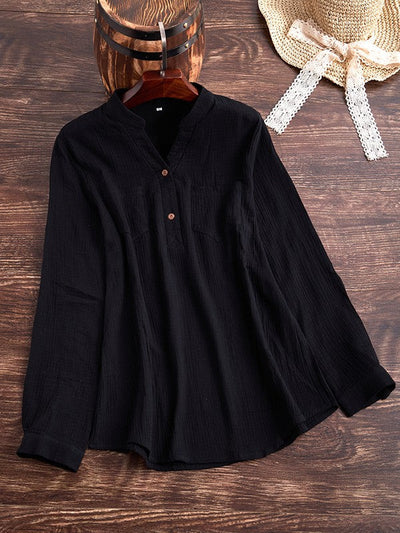 Women’s Blouse – Relaxed Fit – Long Sleeve – Soft Textured – Band Collar – Chest Pockets