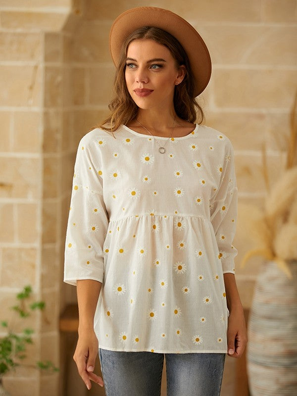 Women’s Casual Top – Relaxed Fit – Short Sleeve – Floral Print – Breathable Blend