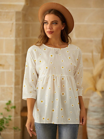 Women’s Casual Top – Relaxed Fit – Short Sleeve – Floral Print – Breathable Blend