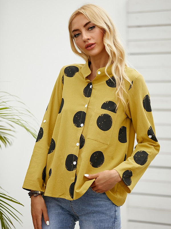 Women’s Blouse – Relaxed Fit – Polka Dot – Button Front – Long Sleeve – Breathable Blend