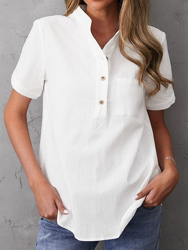 Women’s Blouse – Relaxed Fit – Stand Collar – Short Sleeve – Natural Fibers
