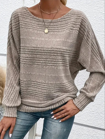 Women's Knitted Sweater - Ribbed Texture - Relaxed Fit - Wide Scoop Neck - Long Sleeves