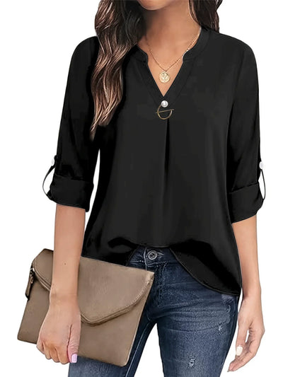 Chic v-neck blouse with rolled-up sleeves for women