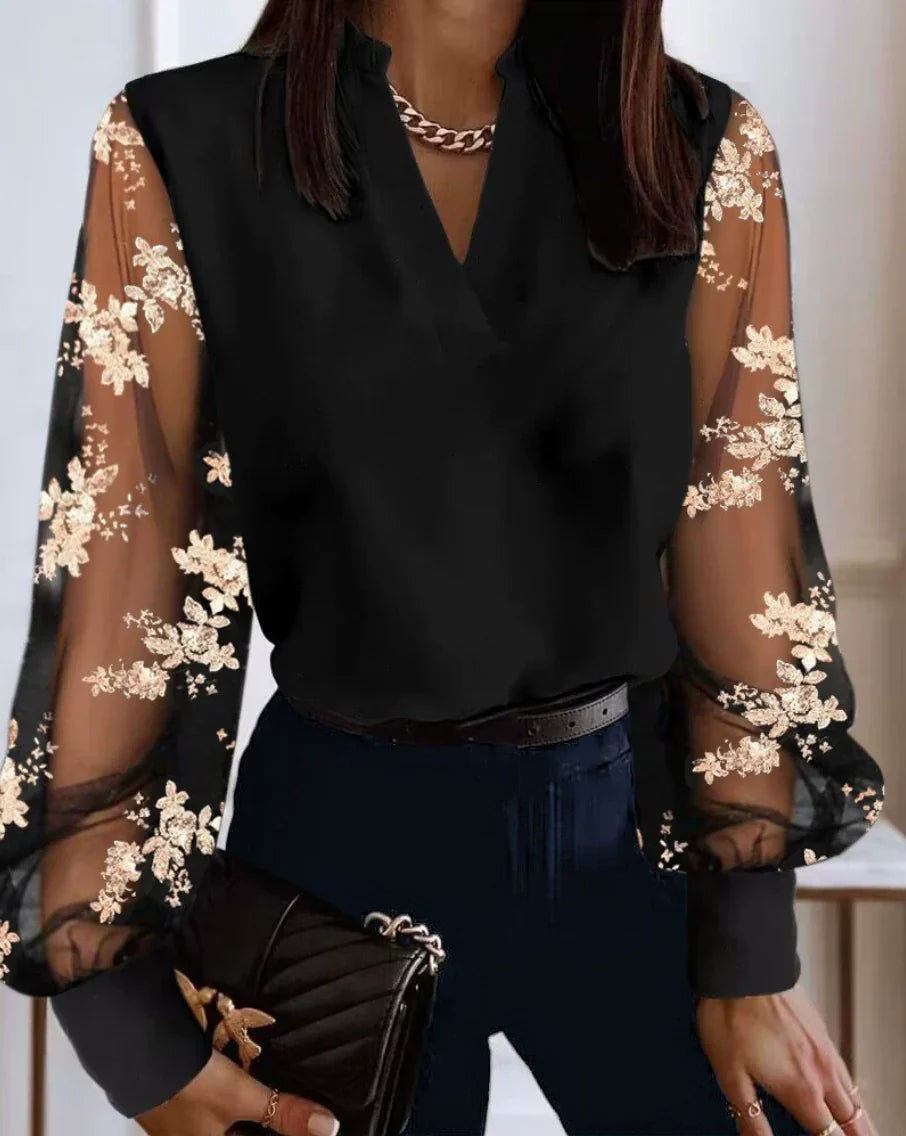 Elegant Sheer Sleeve Pearl-Studded Blouse for Women