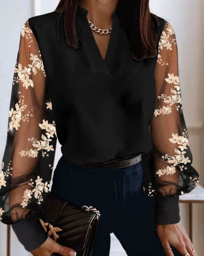 Elegant Sheer Sleeve Pearl-Studded Blouse for Women