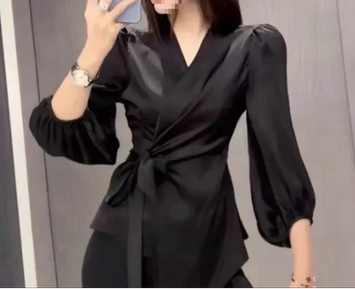 Wrap blouse with puff sleeves for women