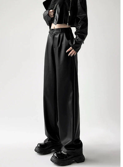 Women's High-Waisted Wide-Leg Leather Trousers - Tailored Fit - Pleated Elegant Design