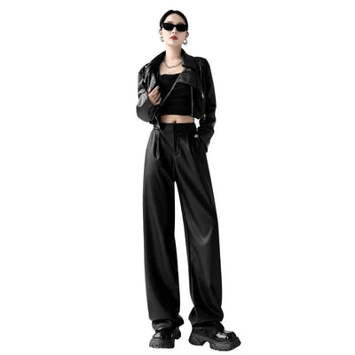 Women's High-Waisted Wide-Leg Leather Trousers - Tailored Fit - Pleated Elegant Design