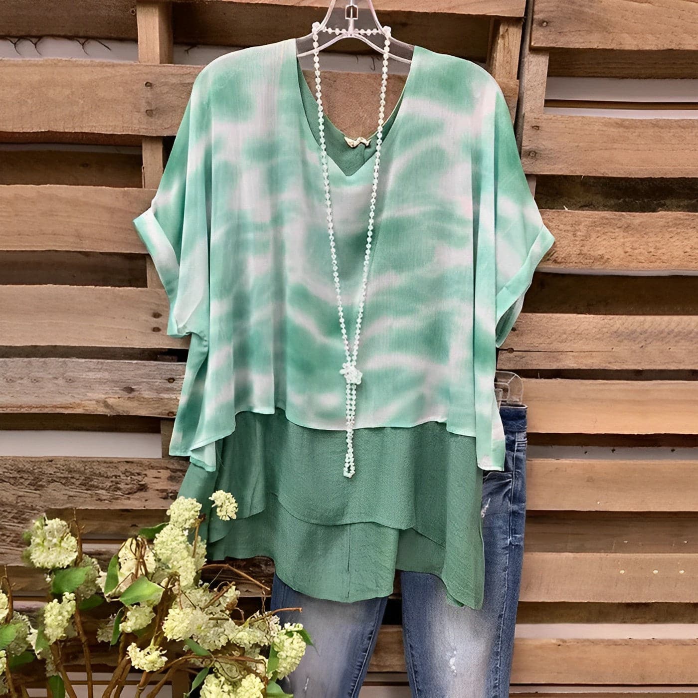 Women’s Blouse – Loose Fit – Layered Design – V-Neck – Short Sleeve – Breathable Blend