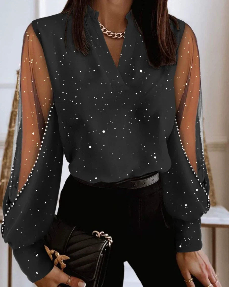Elegant Sheer Sleeve Pearl-Studded Blouse for Women