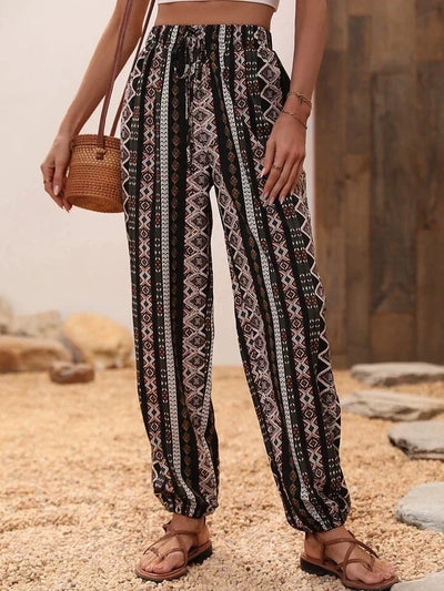 Women's Harem Trousers - Bohemian Elephant Print - Loose Fit - Elastic Waist & Cuffs