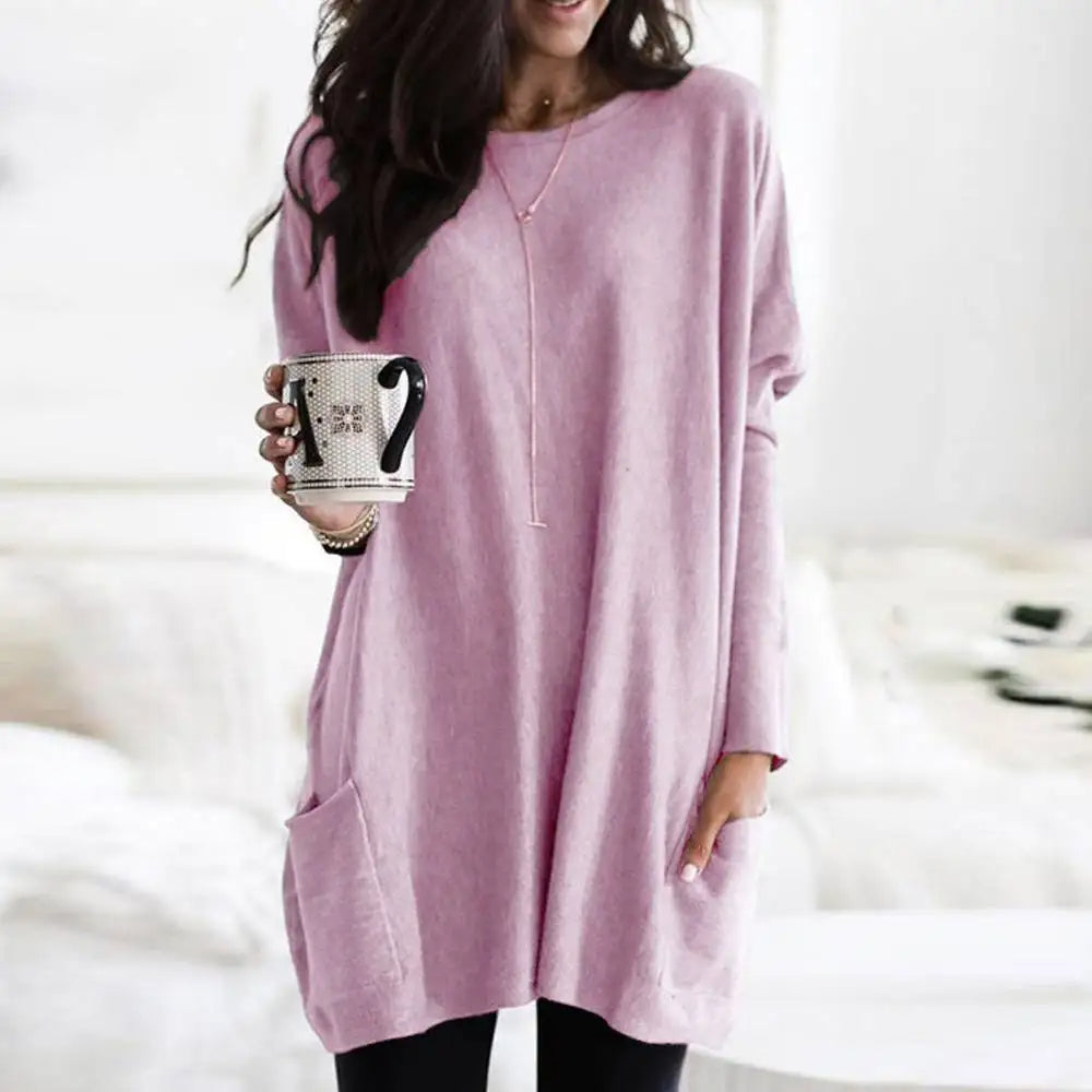 Women's Oversized Sweater - Long Sleeve - Crew Neck - Soft Cotton Blend - with Pockets