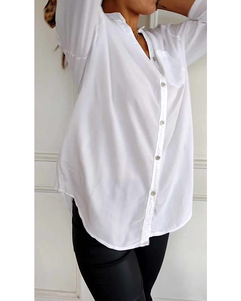 Women’s Blouse – Relaxed Fit – Sequin Placket – Roll Tab Sleeves – Breathable Blend