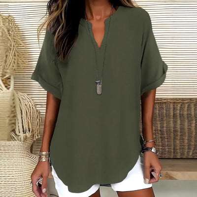 Women’s Blouse – Relaxed Fit – V-Neck – Short Sleeve – Natural Fibers – Hip Length