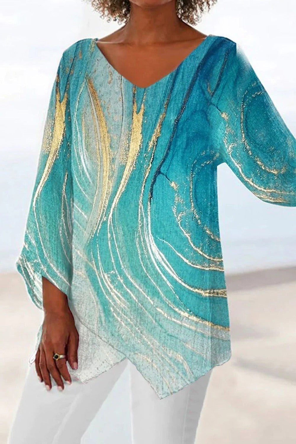Women’s Blouse – V-Neck – Marble Print – Long Sleeve – Loose Fit – Irregular Hem – Breathable
