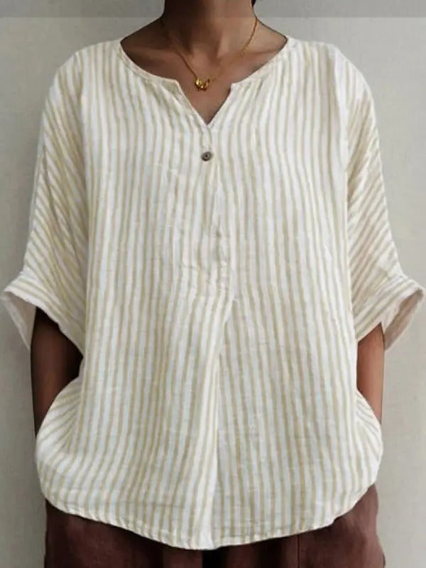 Women’s Blouse – V-Neck – Relaxed Fit – Half Sleeve – Stripe Print – Natural Fibers