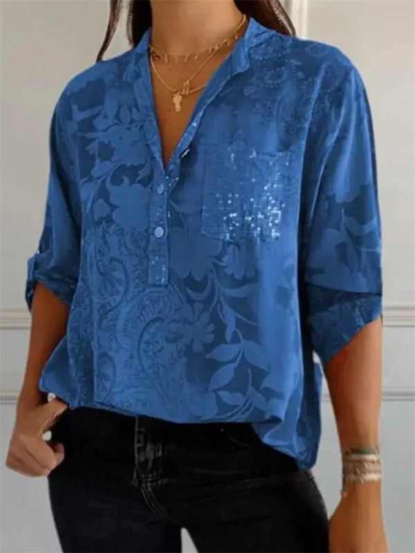 Women’s Tunic Blouse – Relaxed Fit – Long Sleeve – Floral Print – Luxury Fabric