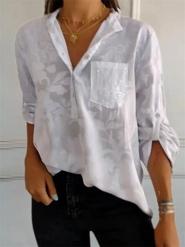 Women’s Tunic Blouse – Relaxed Fit – Long Sleeve – Floral Print – Luxury Fabric