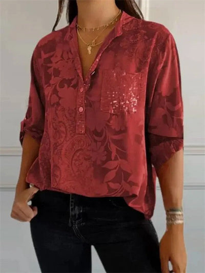 Women’s Tunic Blouse – Relaxed Fit – Long Sleeve – Floral Print – Luxury Fabric