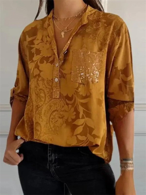 Women’s Tunic Blouse – Relaxed Fit – Long Sleeve – Floral Print – Luxury Fabric