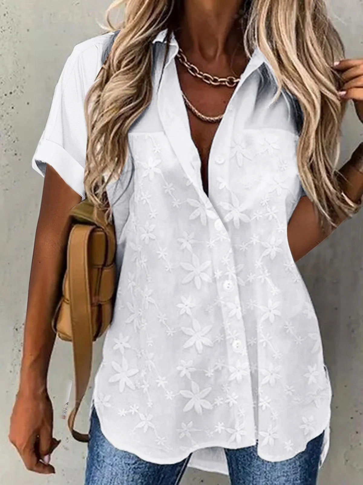 Women’s Blouse – Relaxed Fit – Short Sleeve – Lace Detail – Button Down – Breathable Blend
