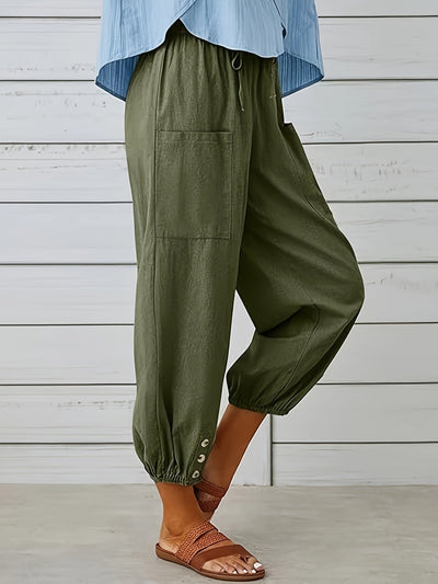 Women's Casual Trousers - Elastic Waist & Drawstring - Relaxed Fit - Buttoned Cuffs