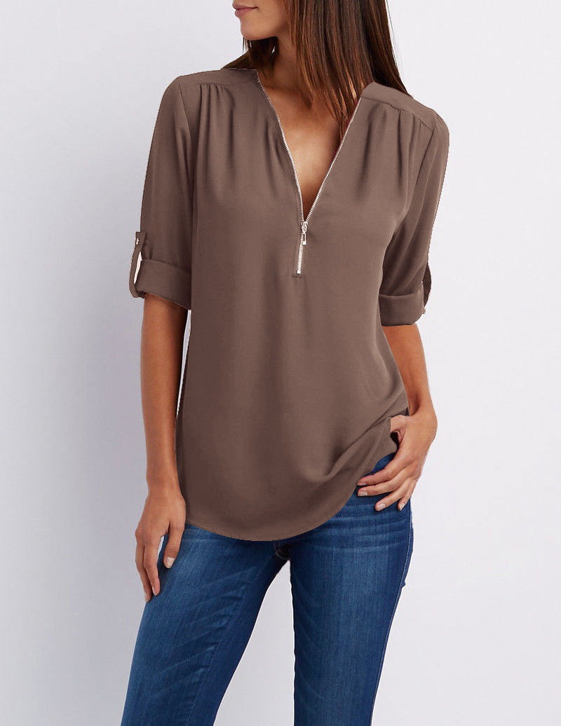 Half zip-front formal blouse for women