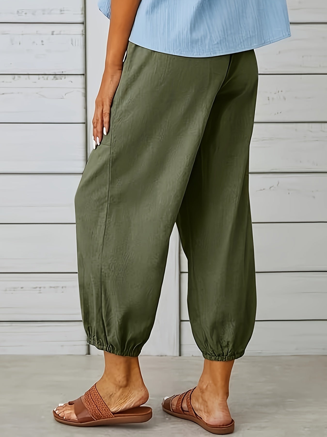 Women's Casual Trousers - Elastic Waist & Drawstring - Relaxed Fit - Buttoned Cuffs