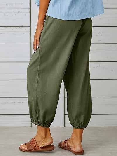 Women's Casual Trousers - Elastic Waist & Drawstring - Relaxed Fit - Buttoned Cuffs