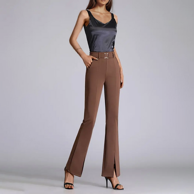 Women's Flared Trousers - High-Waisted Tailored Fit - Front Slit - Belted Elegant Design
