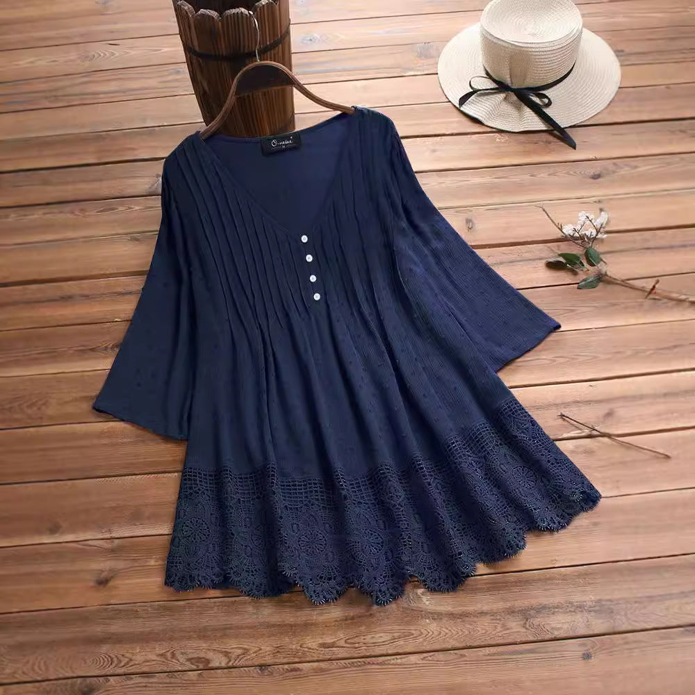 Women’s Boho Tunic Top – V-Neck – Bell Sleeves – Crochet Hem