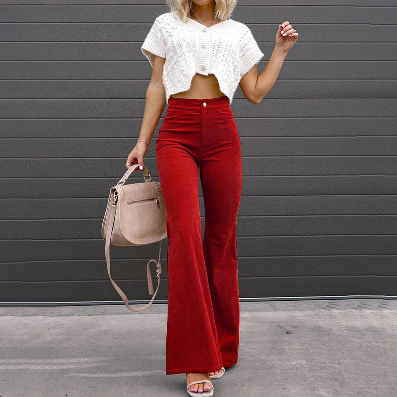 Women's Flared Trousers - High-Waisted - Vintage Bell-Bottom Style - Soft Textured Fabric