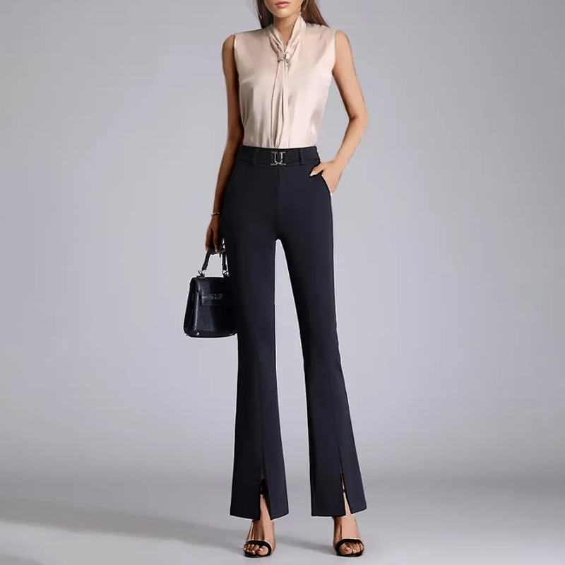 Women's Flared Trousers - High-Waisted Tailored Fit - Front Slit - Belted Elegant Design